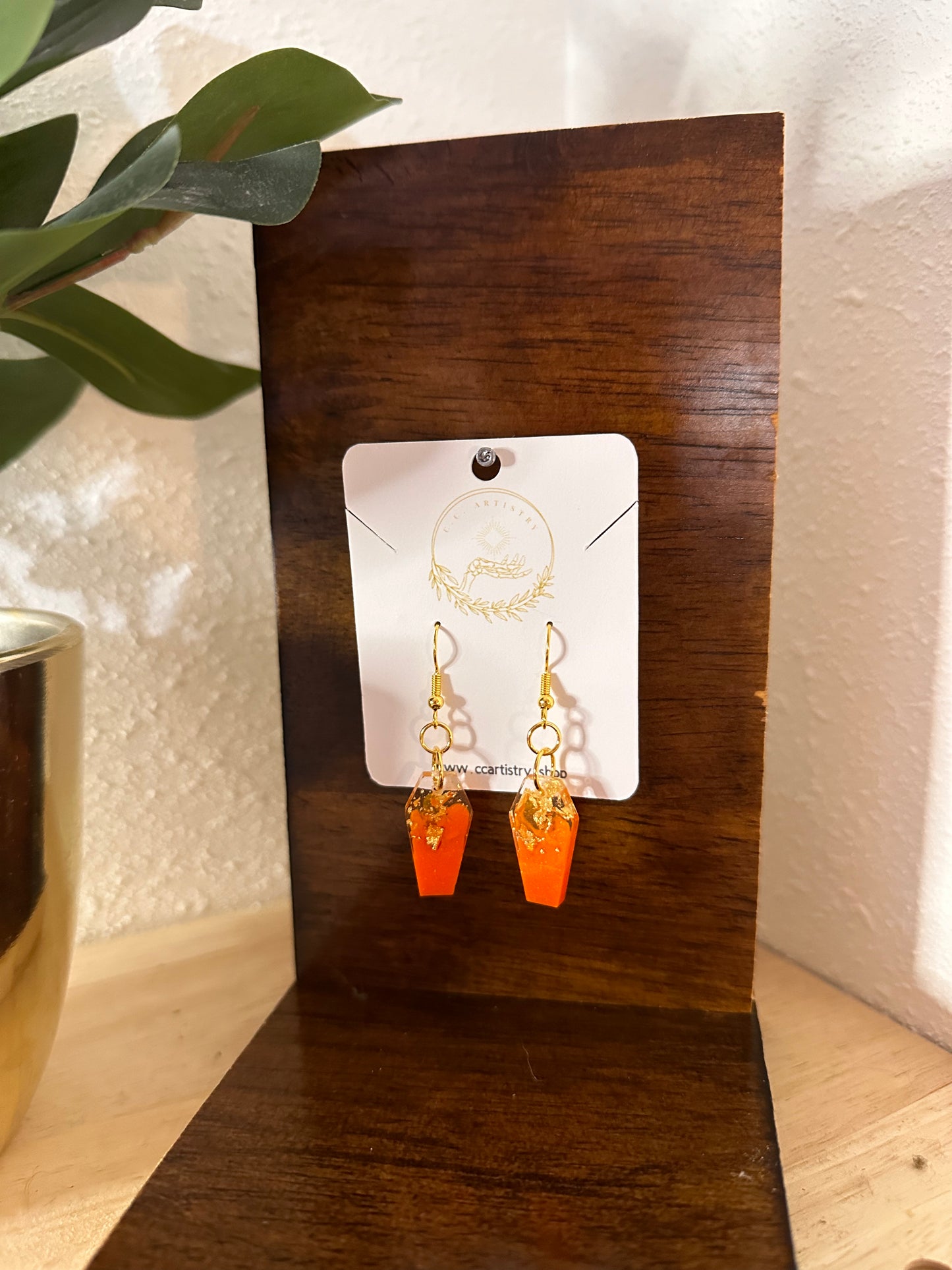Small Gold & Orange Coffin Earrings