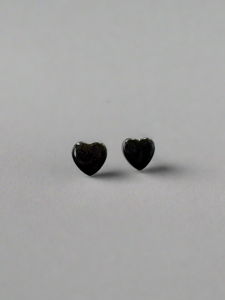 Small Black Shimmer Heart Stud Earrings