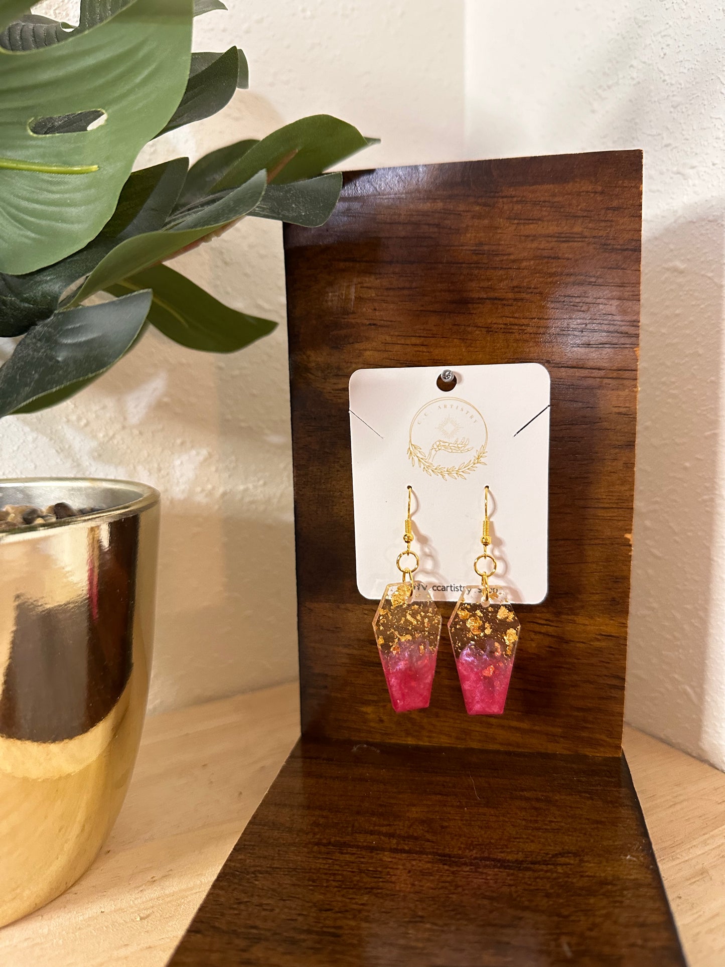 Large Gold & Pink Coffin Earrings