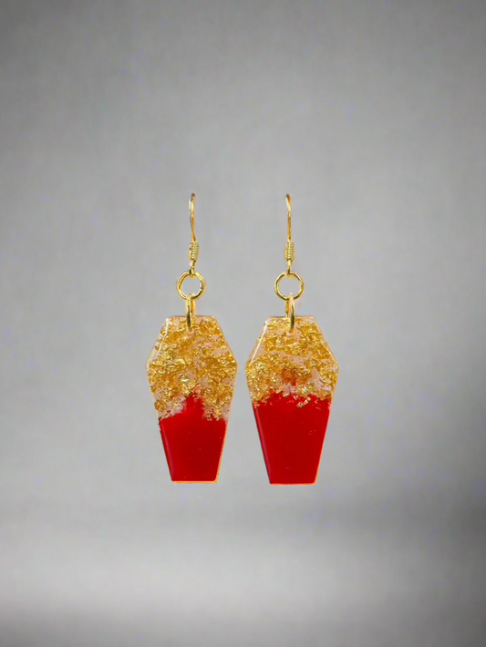 Large Gold & Red Christmas Coffin Dangle Earrings